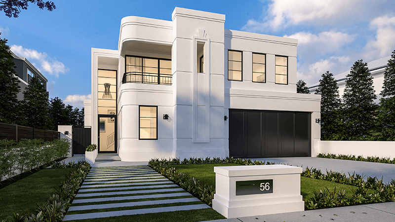 A large, two story Art Deco home with a recessed front entrance and slatted concrete path with an attached garage to the right.