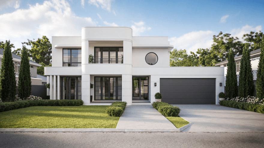 A large, two story Art Deco Home with attached garage and a lawn framed on the sides with Italian Spruce trees.